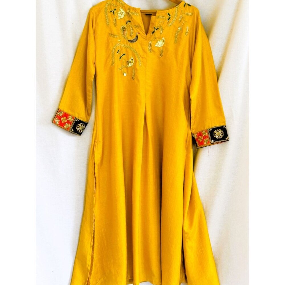 Golden Color KIRTA w/embellished designs on bodice & cuffs, V-neck, side slits